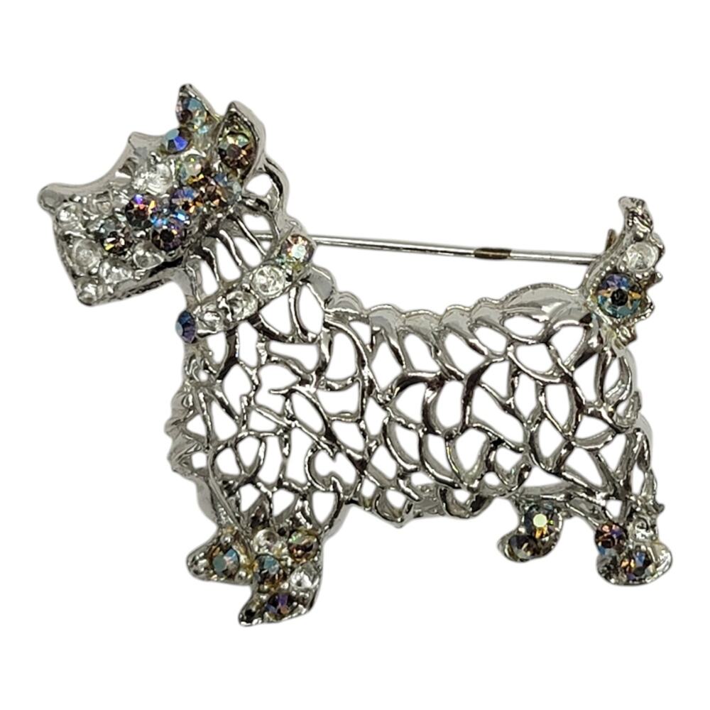 Vintage Silver Tone Scottie Dog Brooch Pin Rhinestone Openwork Terrier